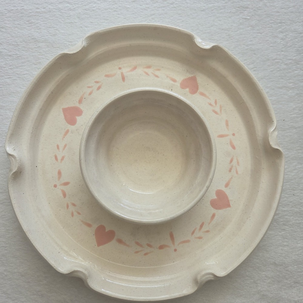 Vintage Hand Made Chip And Dip Bowl Platter Pink Heart Cottage Core Stoneware